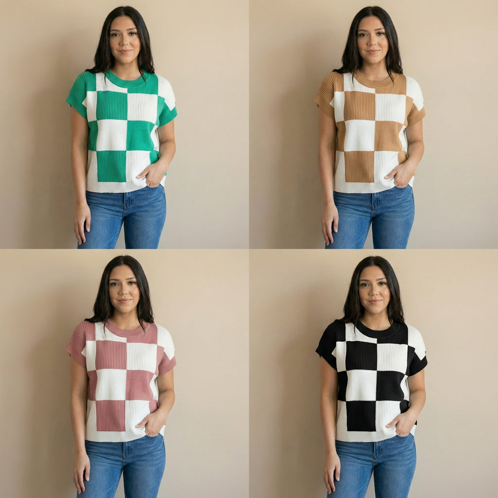 Double Take Full Size Checkered Round Neck Short Sleeve Sweater