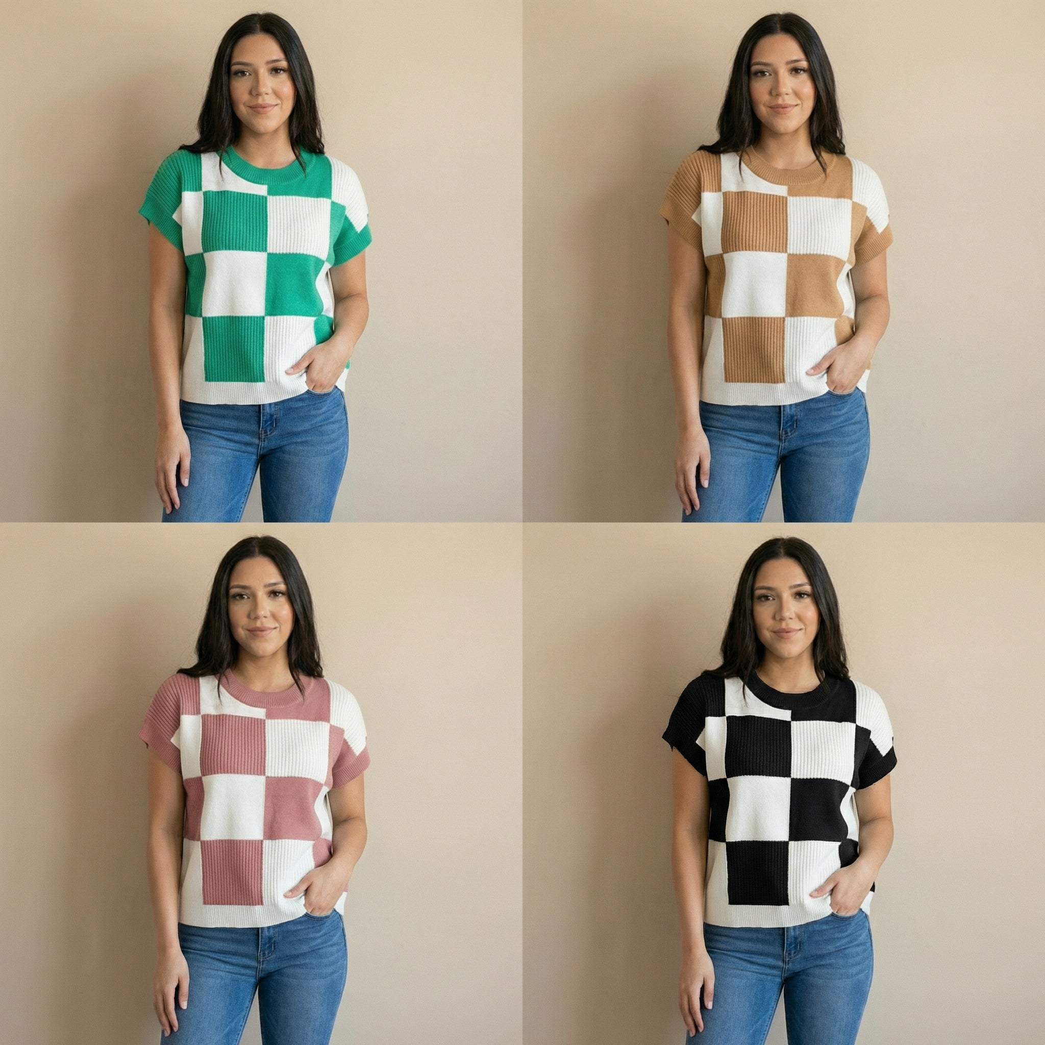 Double Take Full Size Checkered Round Neck Short Sleeve Sweater