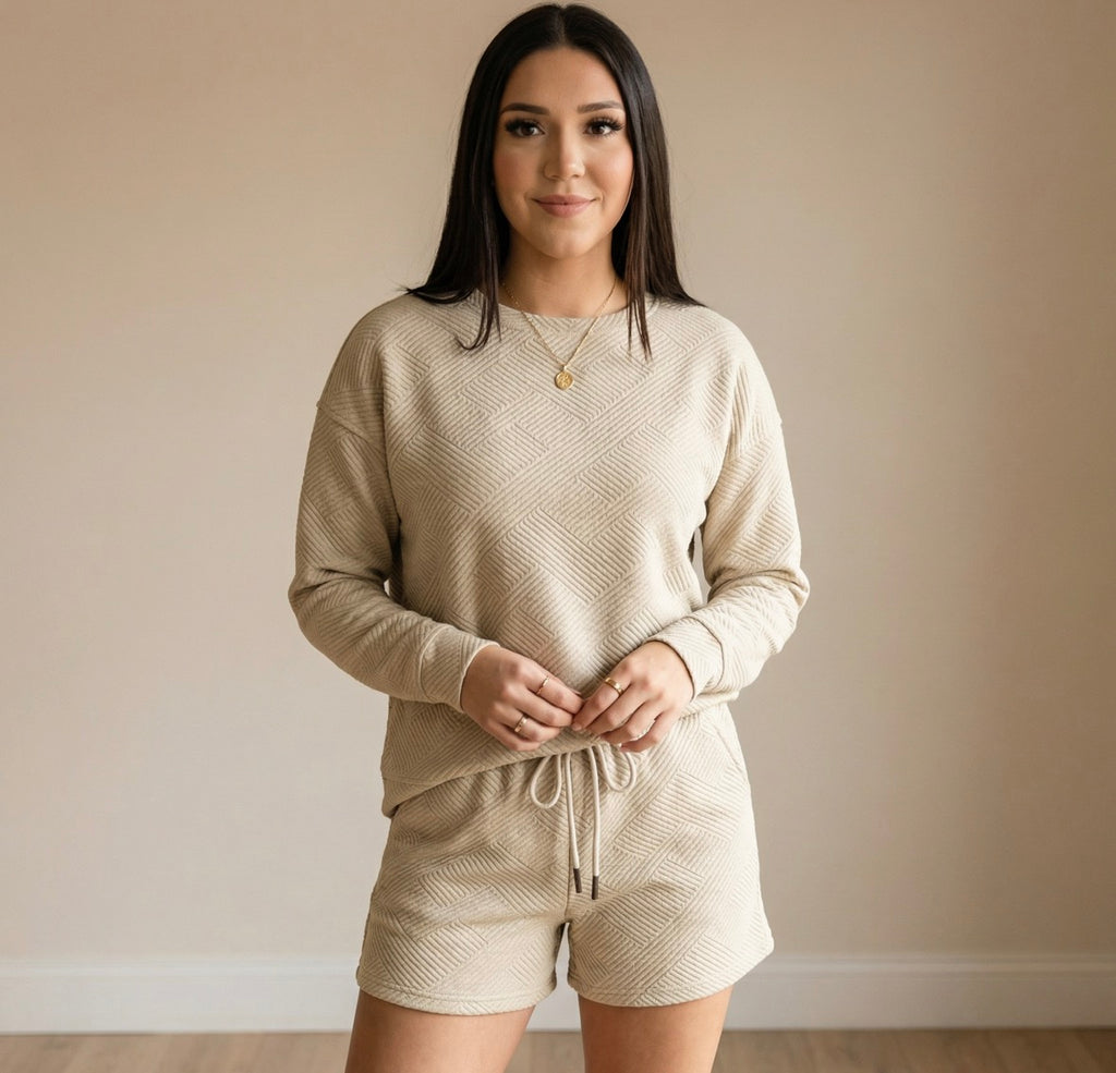 Double Take Full Size Texture Long Sleeve Top and Drawstring Shorts Set