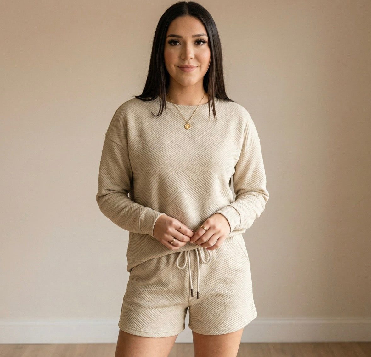 Double Take Full Size Texture Long Sleeve Top and Drawstring Shorts Set