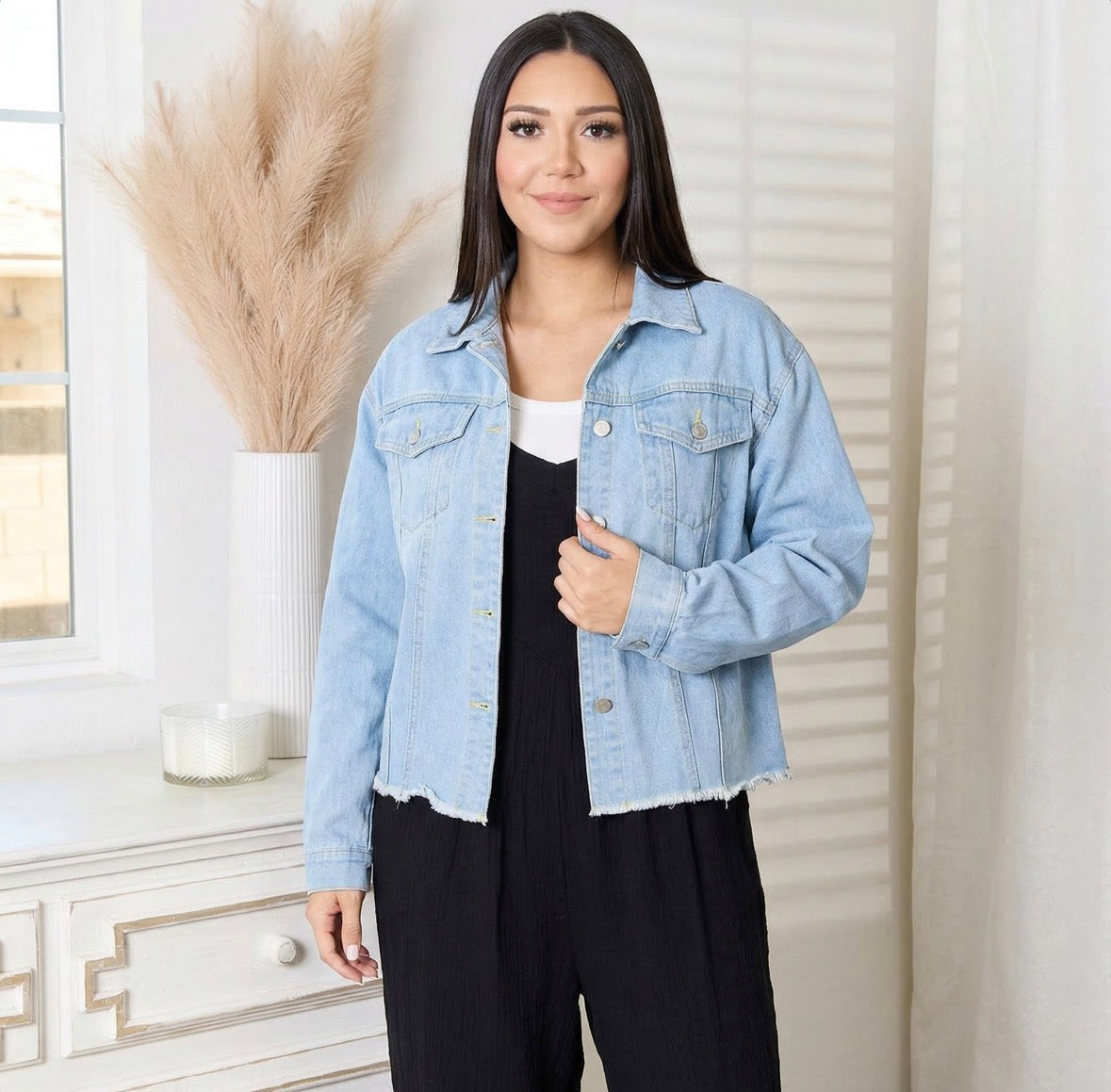 Double Take Dropped Shoulder Raw Hem Denim Jacket