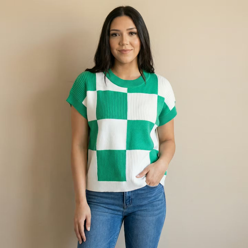 Double Take Full Size Checkered Round Neck Short Sleeve Sweater
