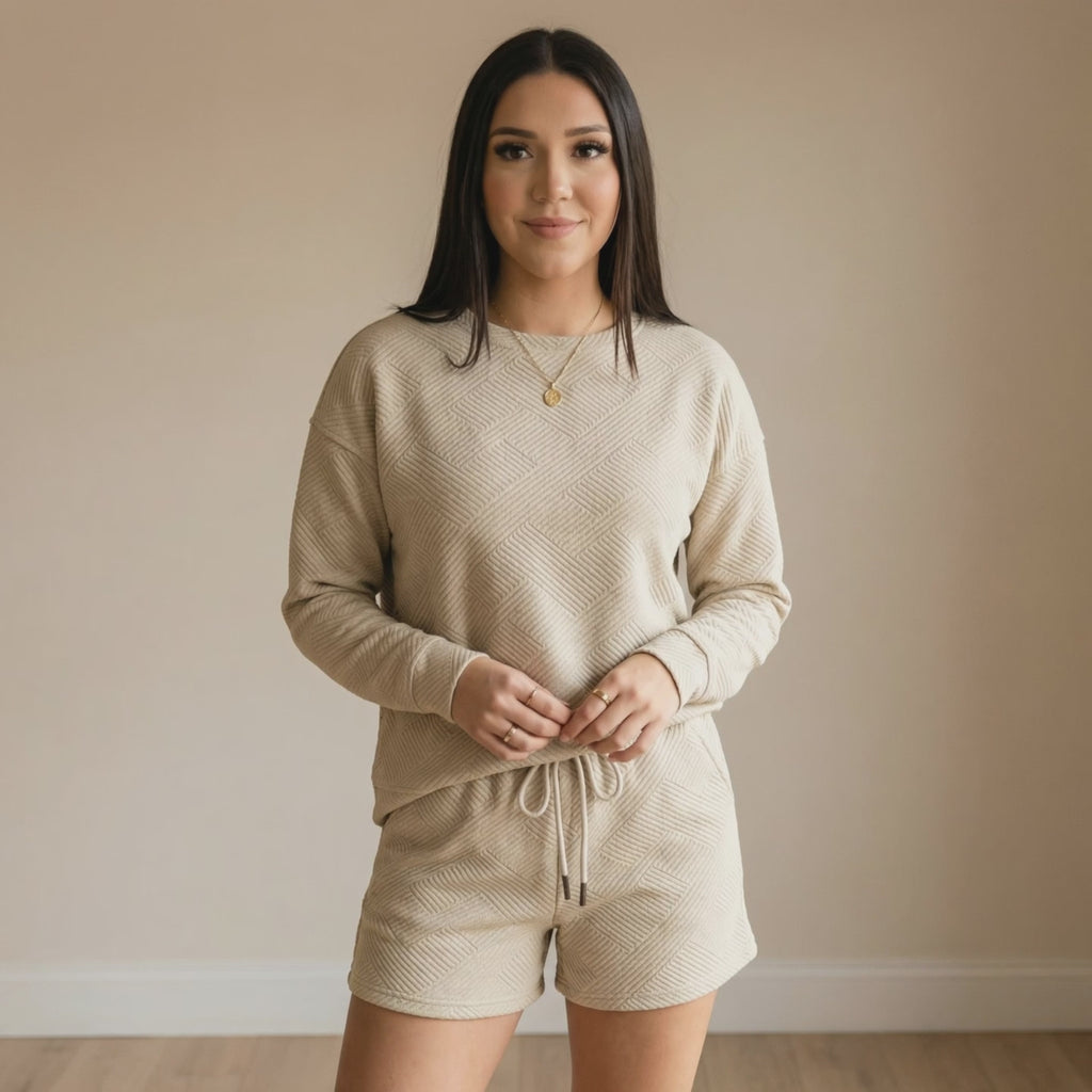 Double Take Full Size Texture Long Sleeve Top and Drawstring Shorts Set